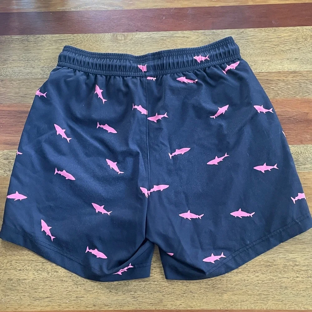 Black Swim Shorts with Pink Shark Print